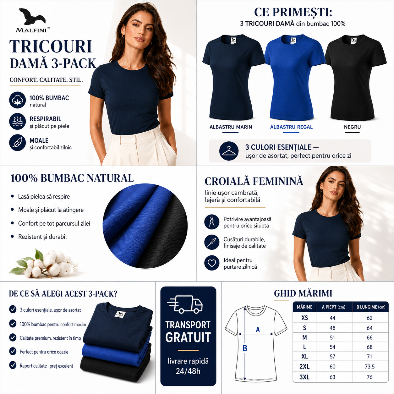 Set 3 tricouri damă 100% bumbac casual clasic albastru marin albastru regal negru transport gratuit